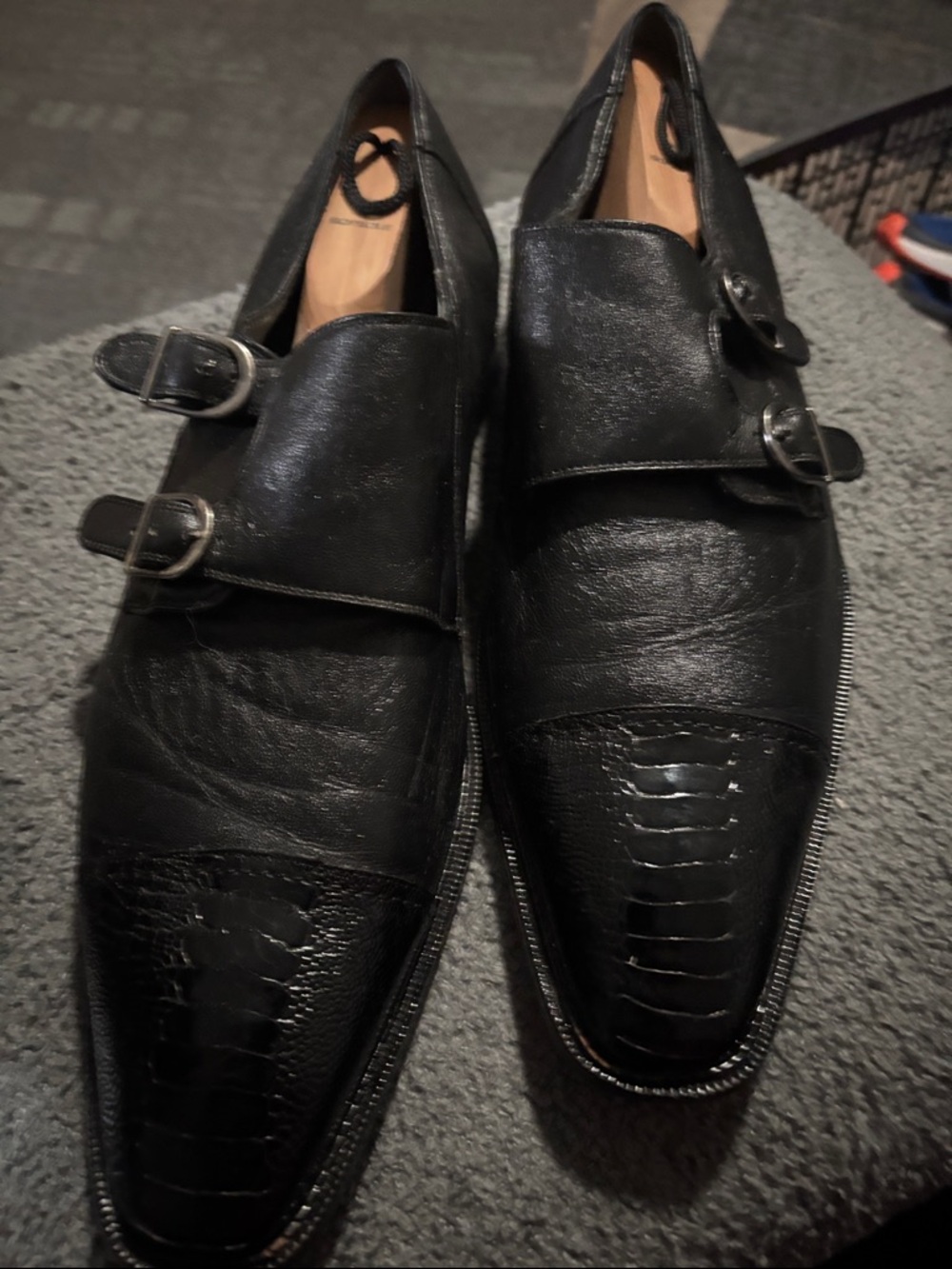 Men Black Double Monk Strap Unique Smooth Black Leather Genuine Ostrich leg skin